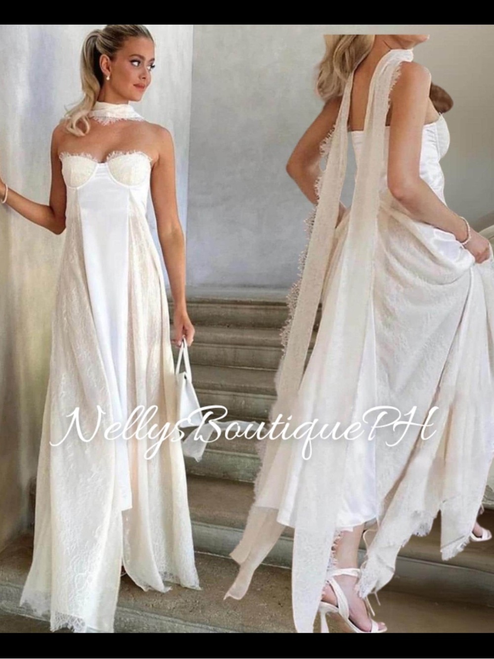 Strapless White Satin Evening Dress with Train